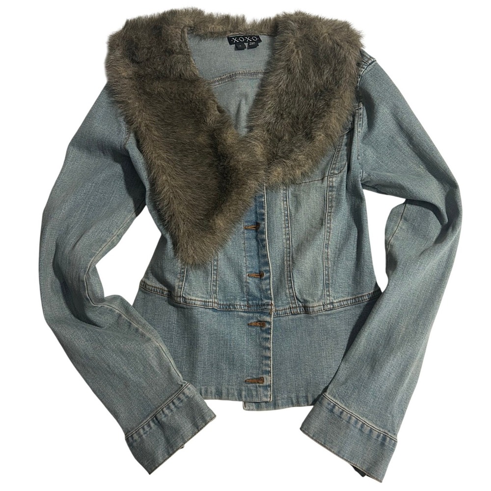 XOXO Y2K Denim Jacket Large Faux Fur Collar Heart Buttons 2000s